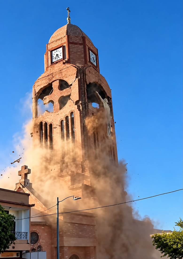 La torre del reloj de Quimbaya envuelta en polvo durante el sismo